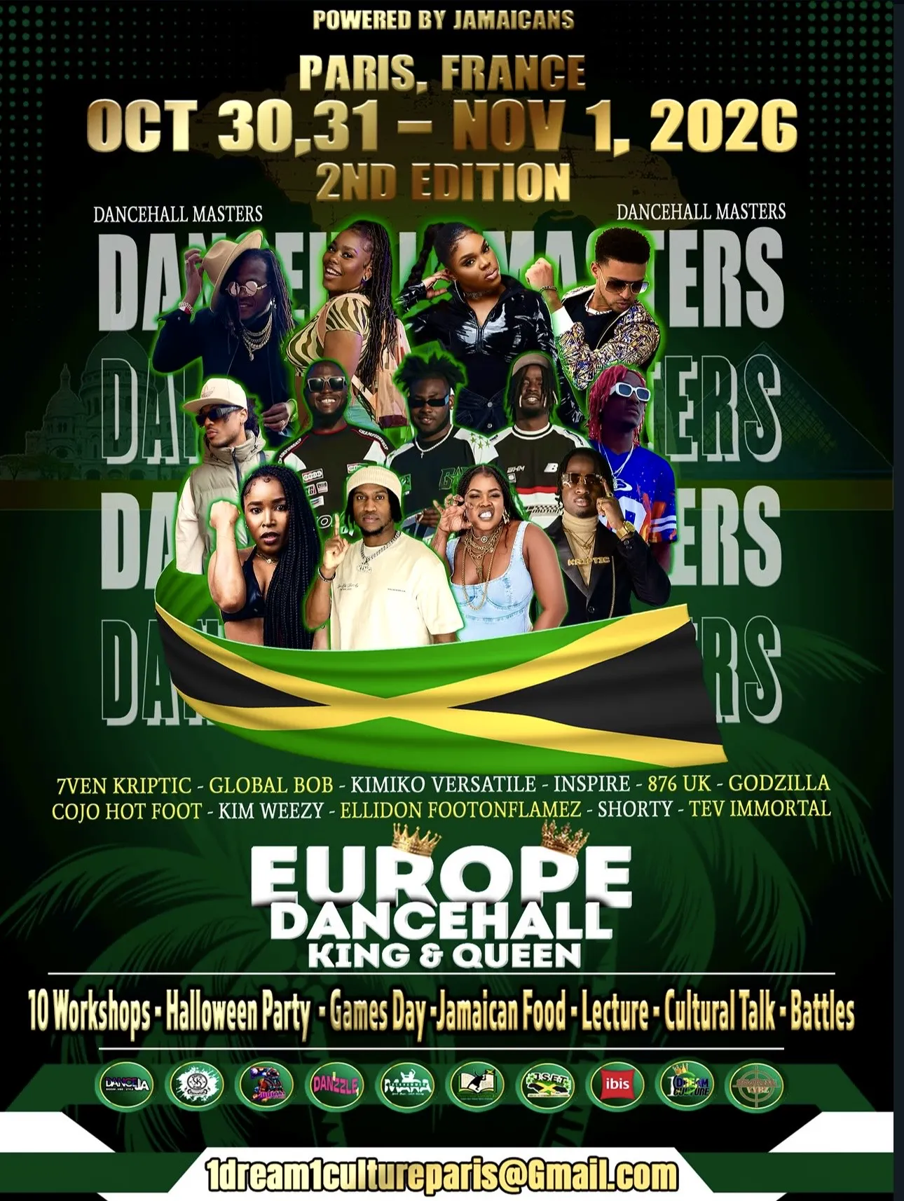 Affiche officielle de la deuxième édition d’Europe Dancehall King & Queen, Paris, 30, 31 octobre et 1er novembre 2026.